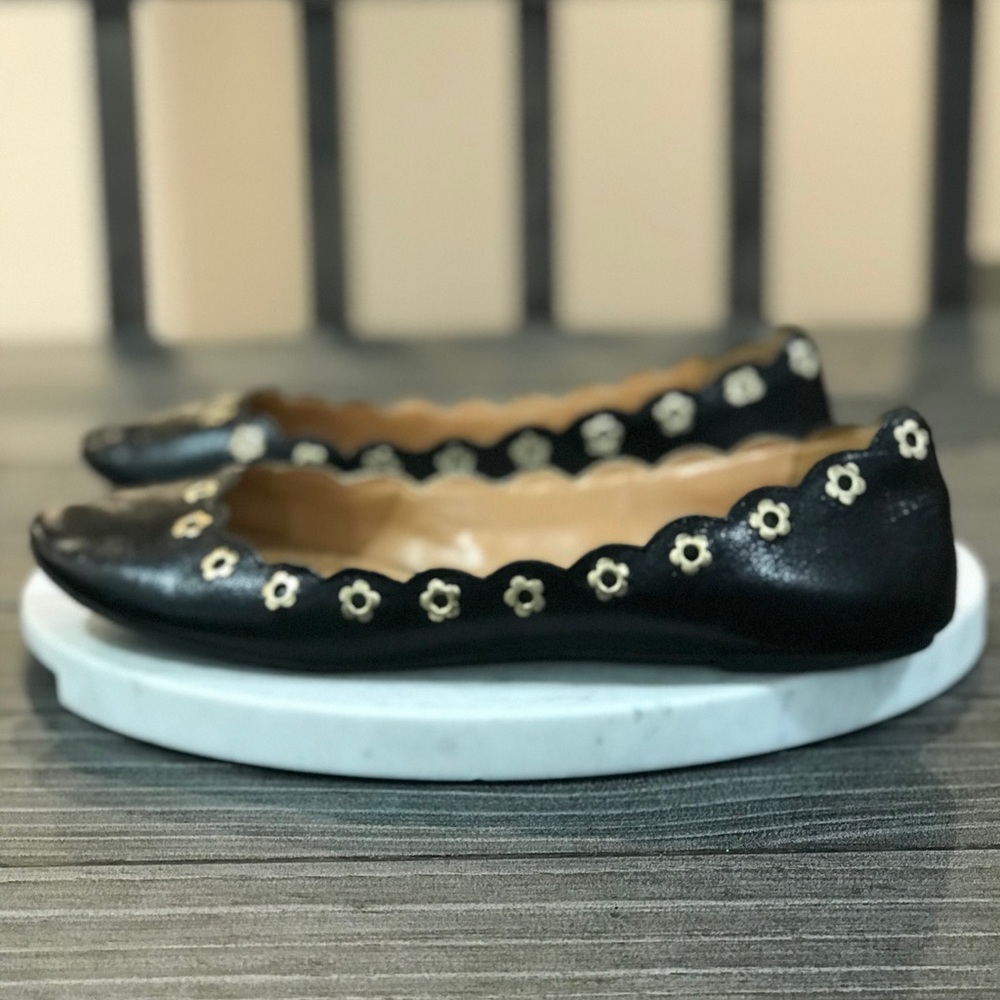Black Leather Metal Floral Studs Chic Ballet Flats - Picture 4 of 8
